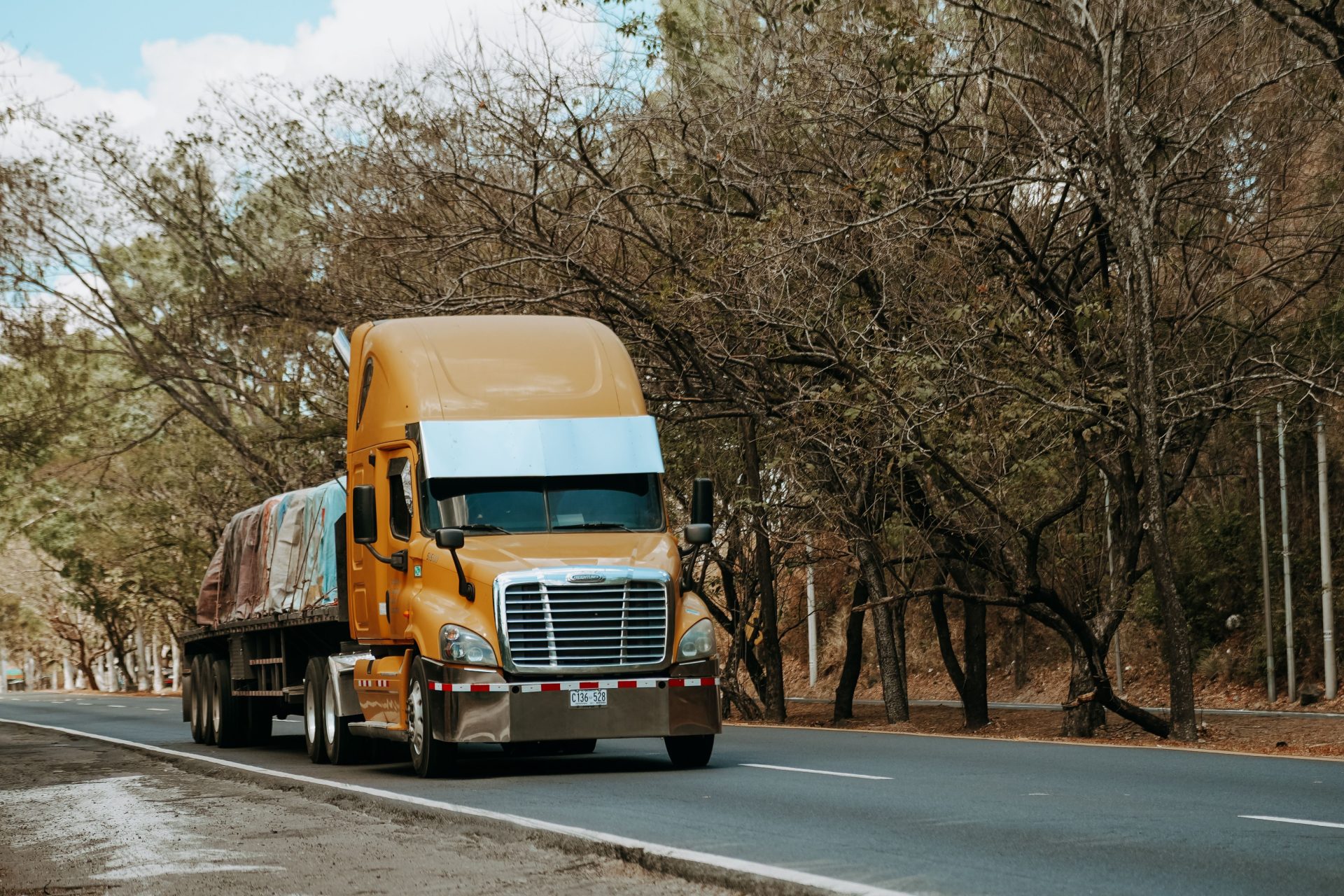 A yellow freight truck travels on a rural road lined with trees, capturing the essence of transport in El Salvador.